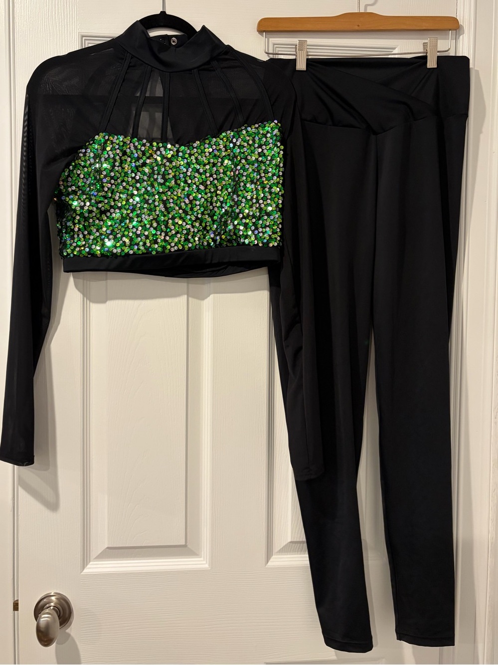 Weissman Green Sequin Cage Strap Crop Top and Black Cross Front Leggings